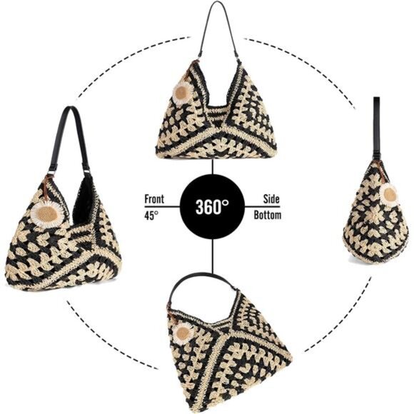 Women's Straw Beach Bag Summer Vintage Hobo Shoulder Tote Boho Hand Bag - Picture 4 of 6